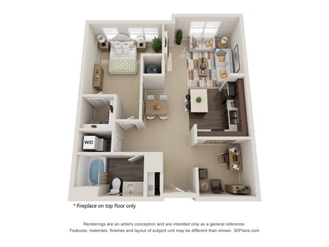 A 3D floor plan of a small apartment with a kitchen, living room, and bathroom.